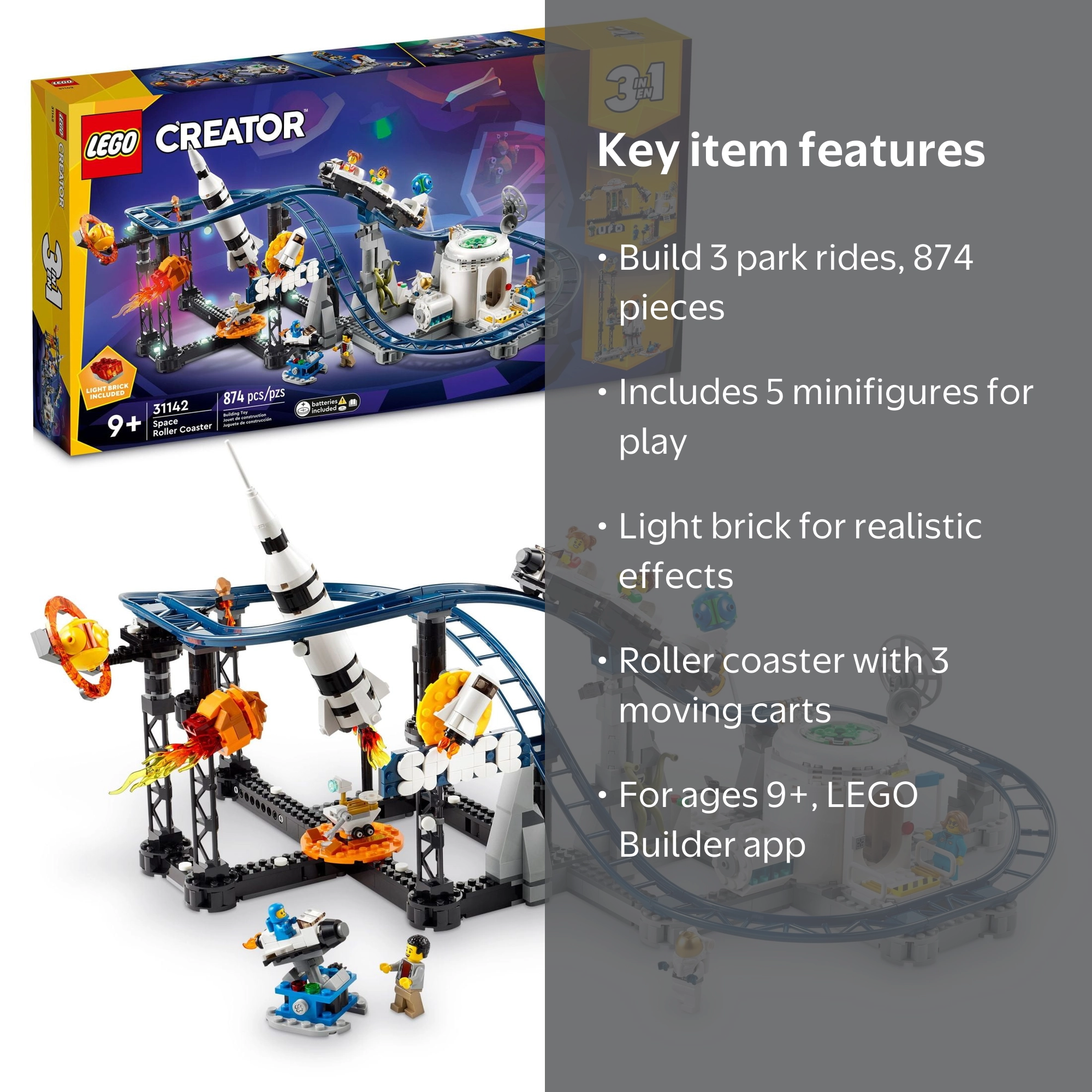 LEGO Creator 3 in 1 Space Roller Coaster, 874 Pieces, Builder