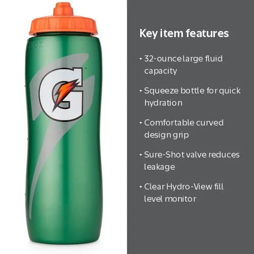 Gatorade 32 oz Water Sport Drinking Squeeze Bottle, Versatile Grip