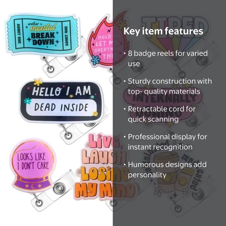 YJ Premiums Funny Badge Reel Pack, 8pc Retractable ID Holders