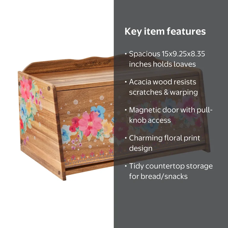 【ぽぽ様予約済】木製BREADケース The Pioneer Woman Brown Acacia Bread Box, Floral Print, Magnetic