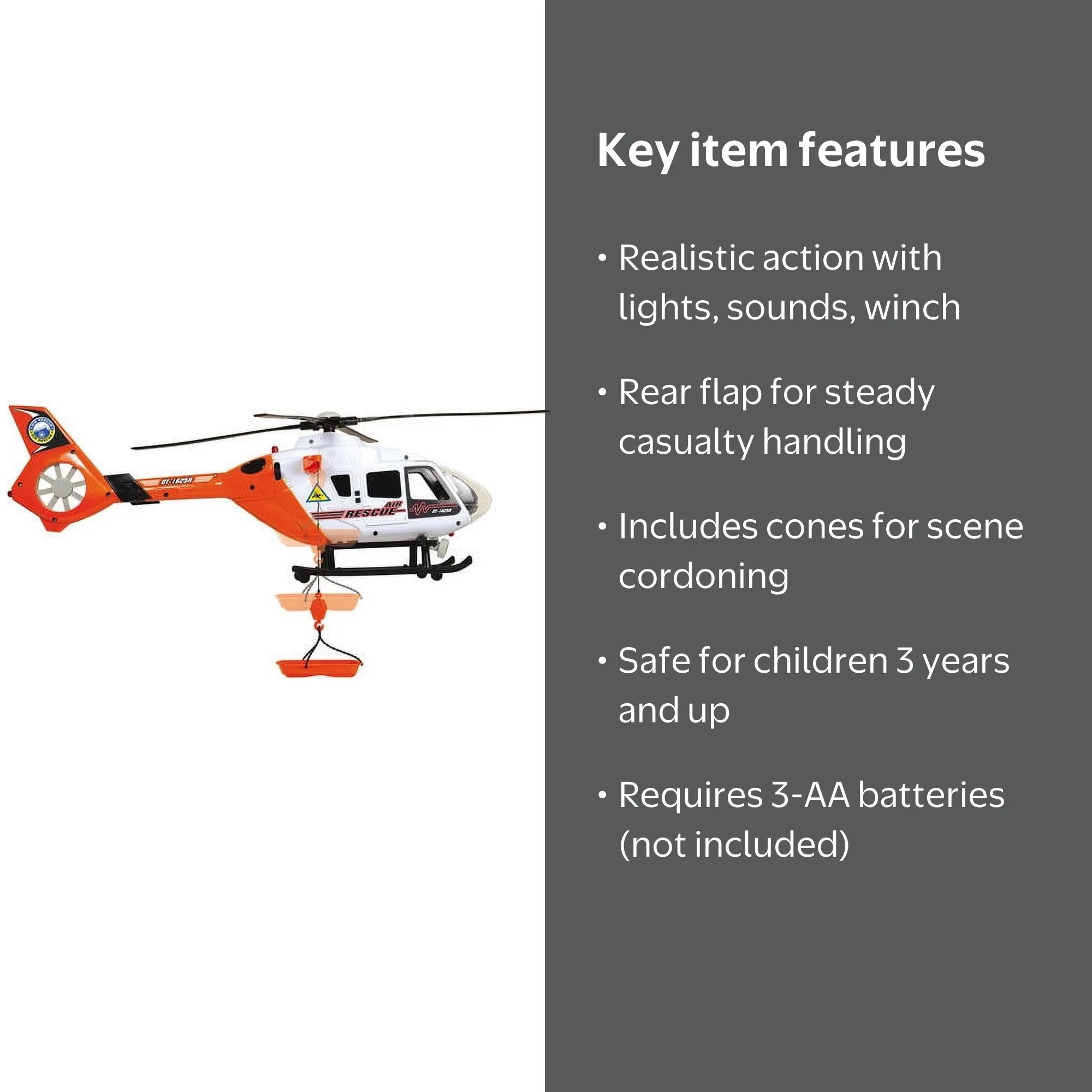 Dickie Toys Helicóptero De Juguete Con Rotor, Ruedas, Grúa, Camilla, Luces Y Sonidos – Para Niños Desde 3 Años, Vehículo De Rescate Divertido