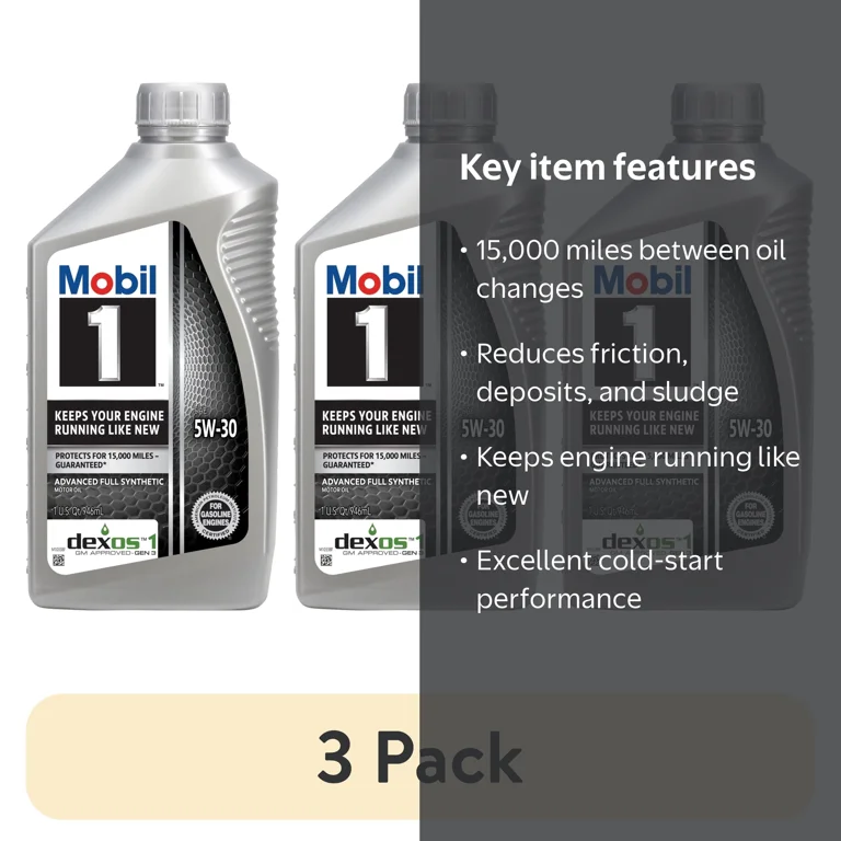 3 pack) Mobil 1 Advanced Full Synthetic Motor Oil 5W-30, 1 Quart