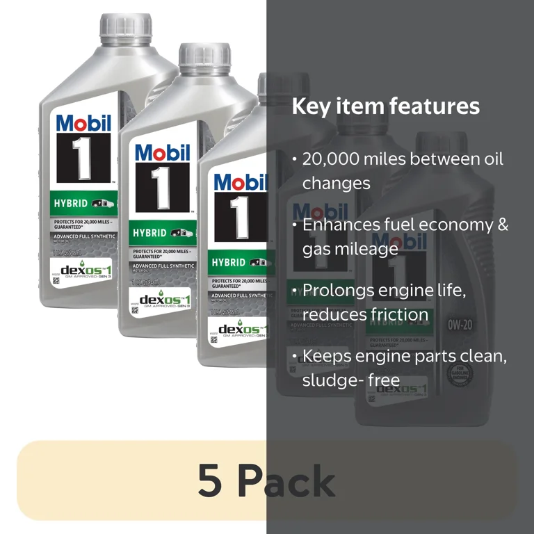 5 pack) Mobil 1 Hybrid 0W-20 Advanced Full Synthetic Motor Oil, 1