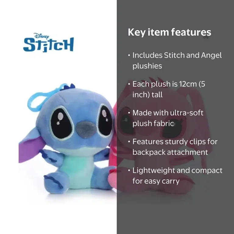 Stitch & Angel Plush Keychain Set – 2-Pack Backpack Clips 12cm