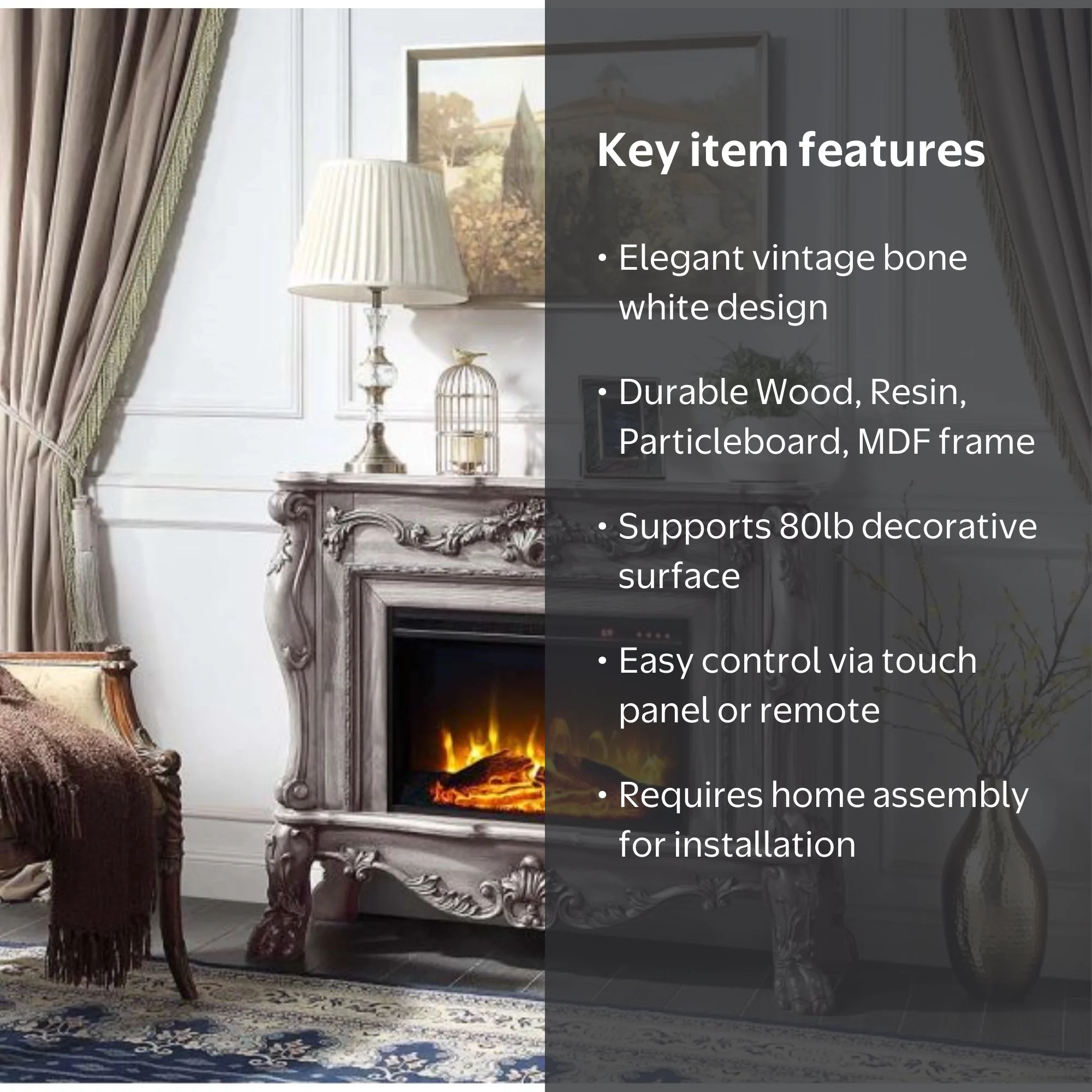 Acme Furniture Dresden Electric Fireplace, Vintage Bone White