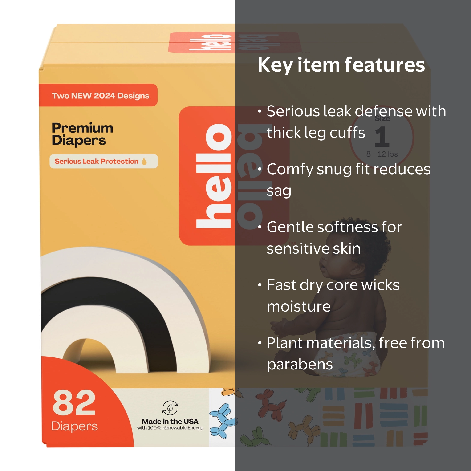 Hello Bello Premium Baby Diapers, Infant Size 1, 82ct Disposable