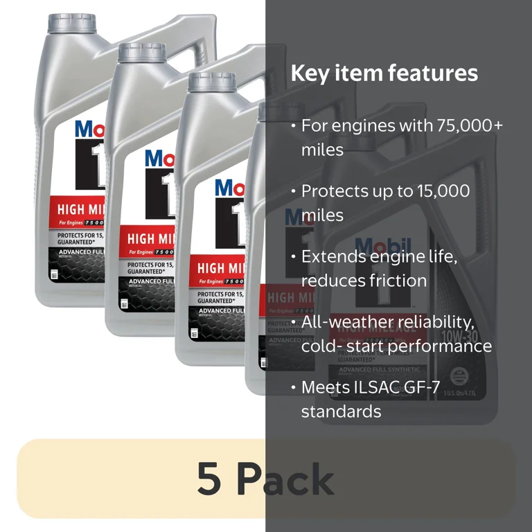 5 pack) Mobil 1 High Mileage Full Synthetic Motor Oil 10W-30, 5