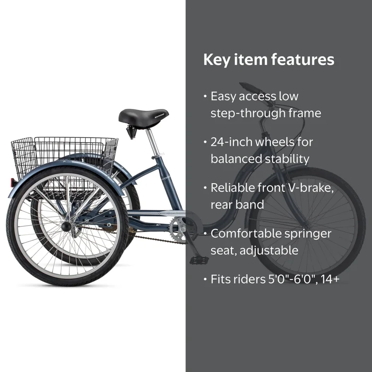 schwinn meridian three wheel bicycle Adult Tricycle 24in Cruise around town in style and comfort with the Schwinn Adults 24 in Meridian Tricycle Wheel Bicycle Schwinn Meridian Electric