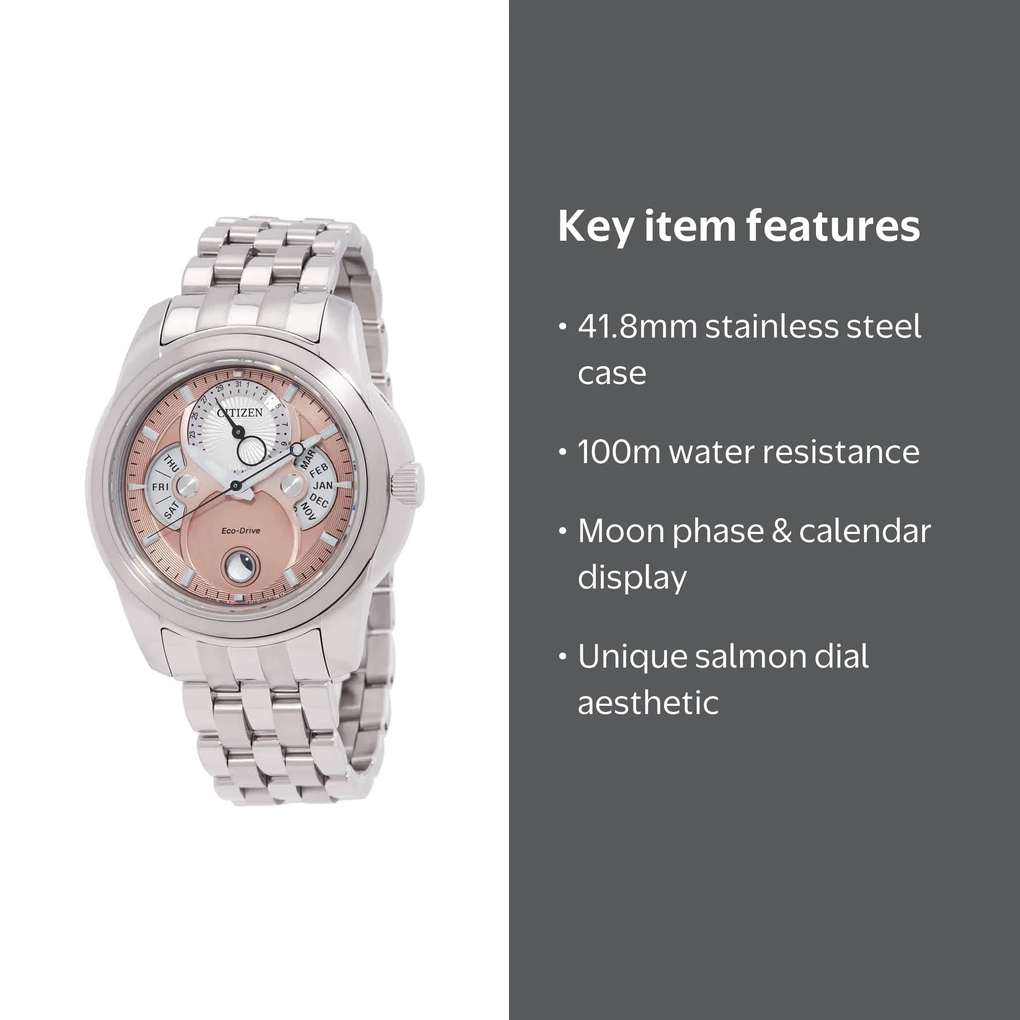 Citizen Calendrier Moon Phase Stainless Steel Salmon Dial Eco