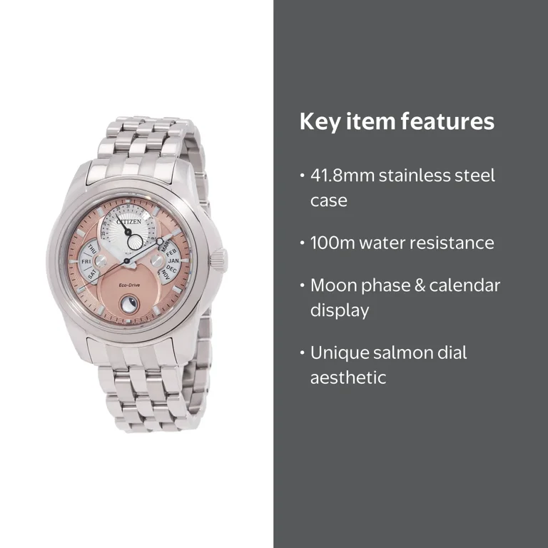 Citizen Calendrier Moon Phase Stainless Steel Salmon Dial Eco