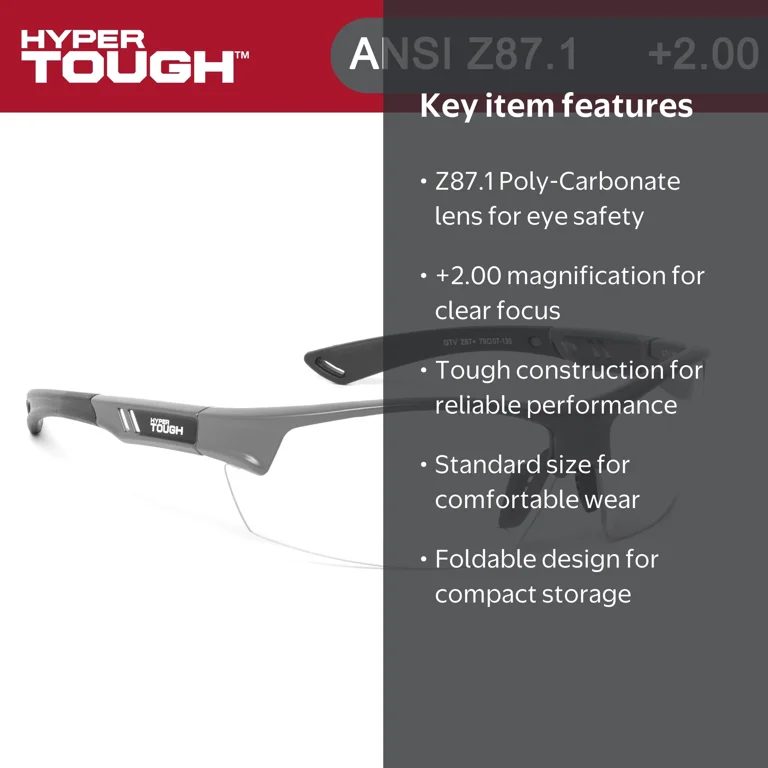 Hyper Tough Safety Bifocal Safety Glasses +2.00 Magnification Z87
