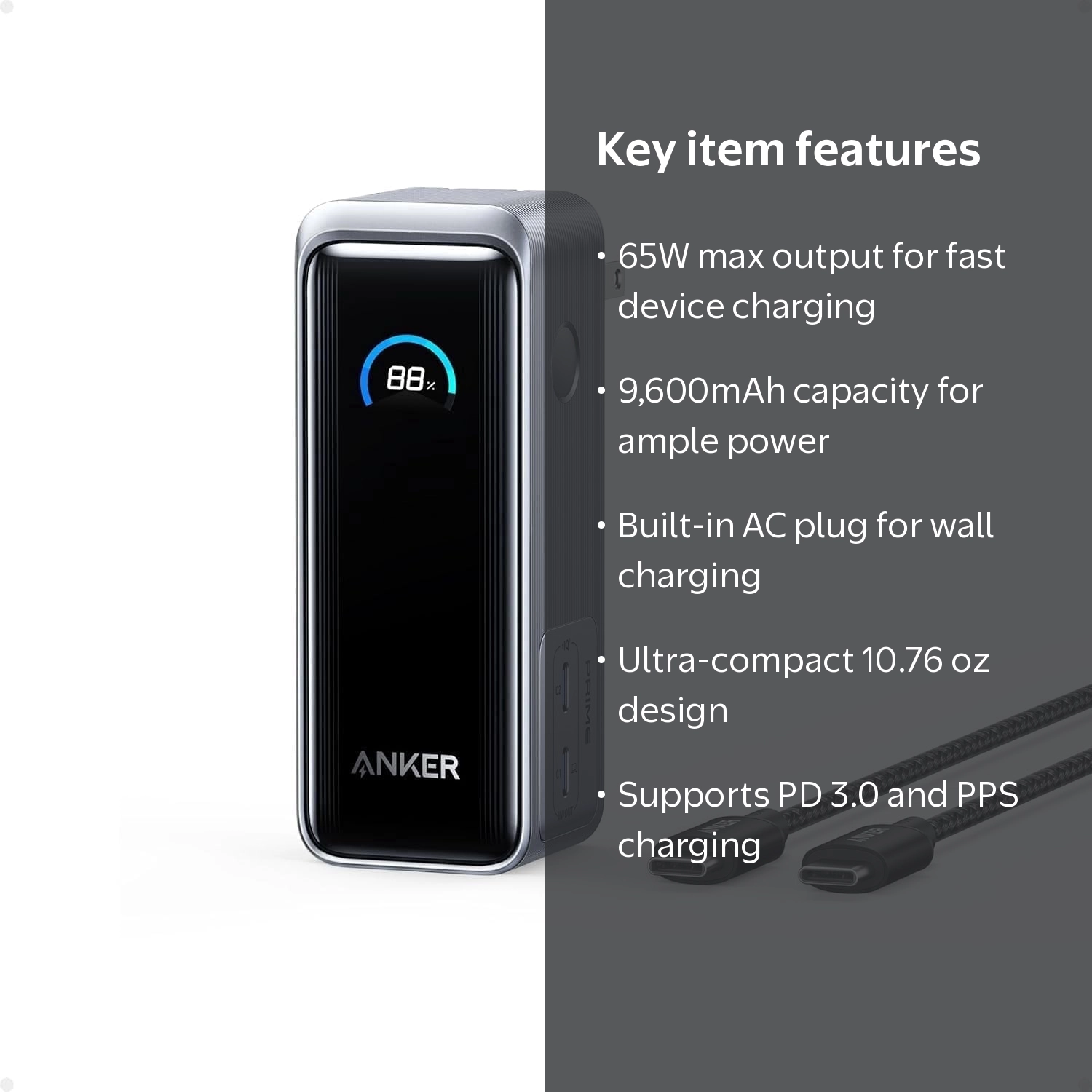 Anker, Prime Power Bank, 9600mAh, 65W Output with Built-in AC Plug