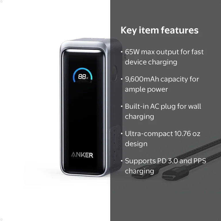 Anker, Prime Power Bank, 9600mAh, 65W Output with Built-in AC Plug Anker, Prime Power Bank, 9600mAh, 65W Output with Built-in AC Plug