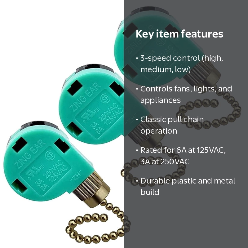 3 Pack Ceiling Fan Switch, 3-Speed 4-Wire Pull Chain, ZE-268S6