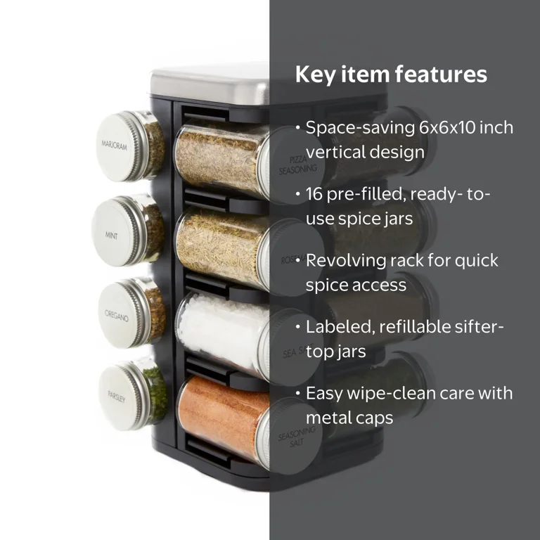 Kamenstein Prefilled 16 Jar Plaza Spice Rack with Ridge Metal Cap