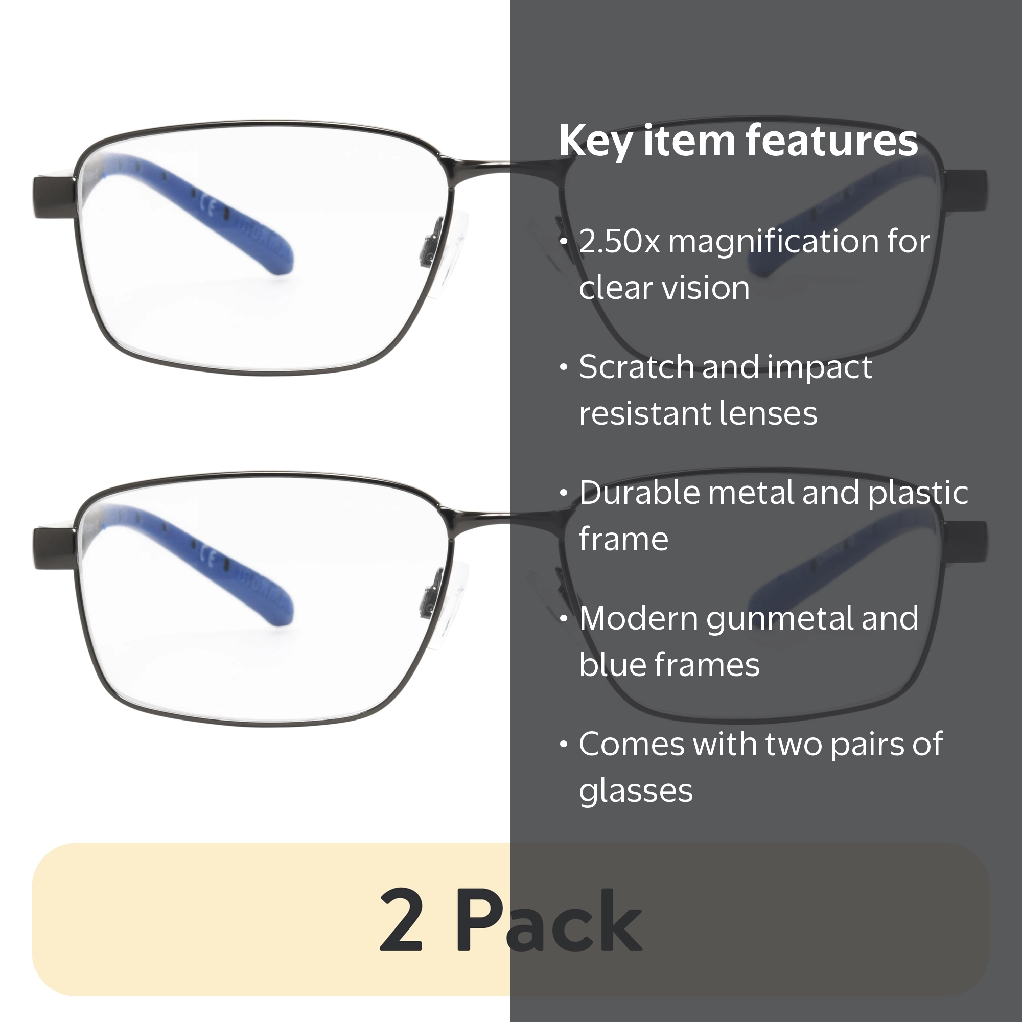 YA−MAN S12 プルーム　WR 2 pack) Ironman Rectangle Gun/Blue Reading Glasses 2.50 - Walmart.com