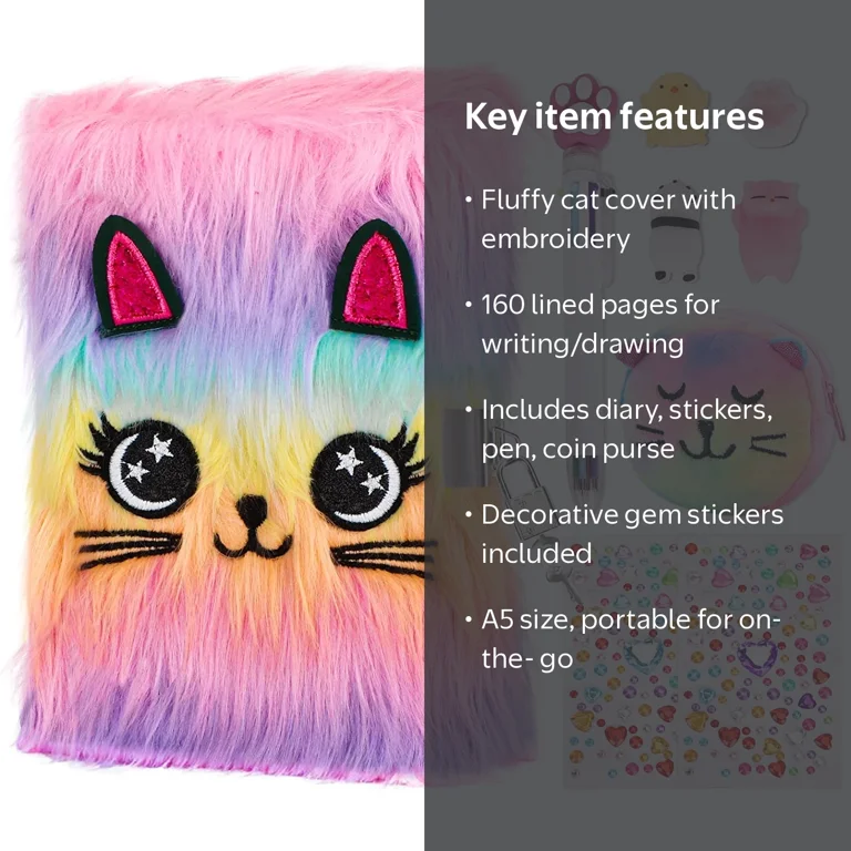 JYPS, Cat Diary with Lock and Keys, Plush Hardcover Fuzzy Notebook