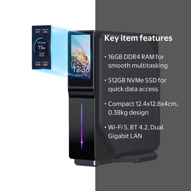 ACEMAGIC Prebuilt S1 Mini PC, Small Desktop System with DIY LCD