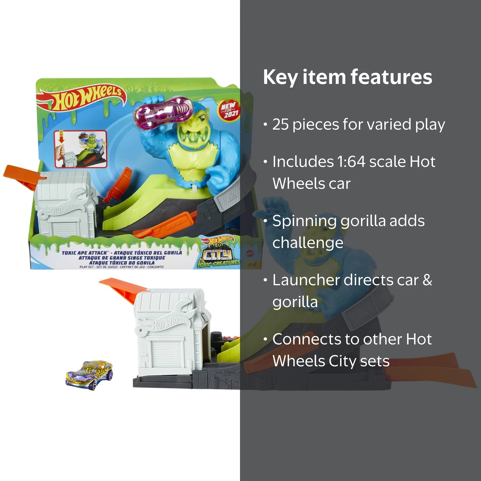 Hot Wheels Toxic Ape Attack Playset with Moving Gorilla & Car