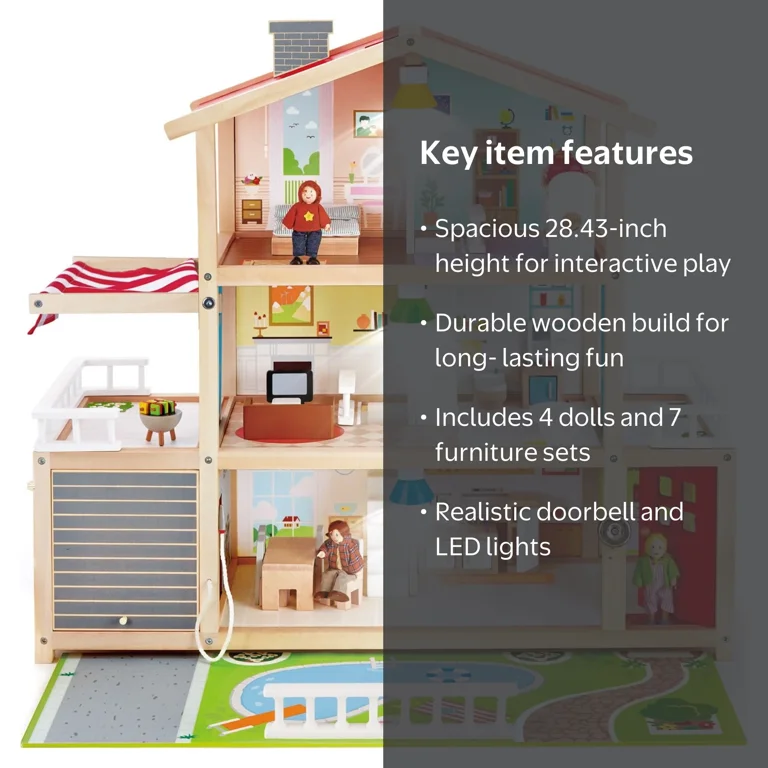 Hape Family Mansion Wooden Dollhouse with LED Lights, 28.43 in