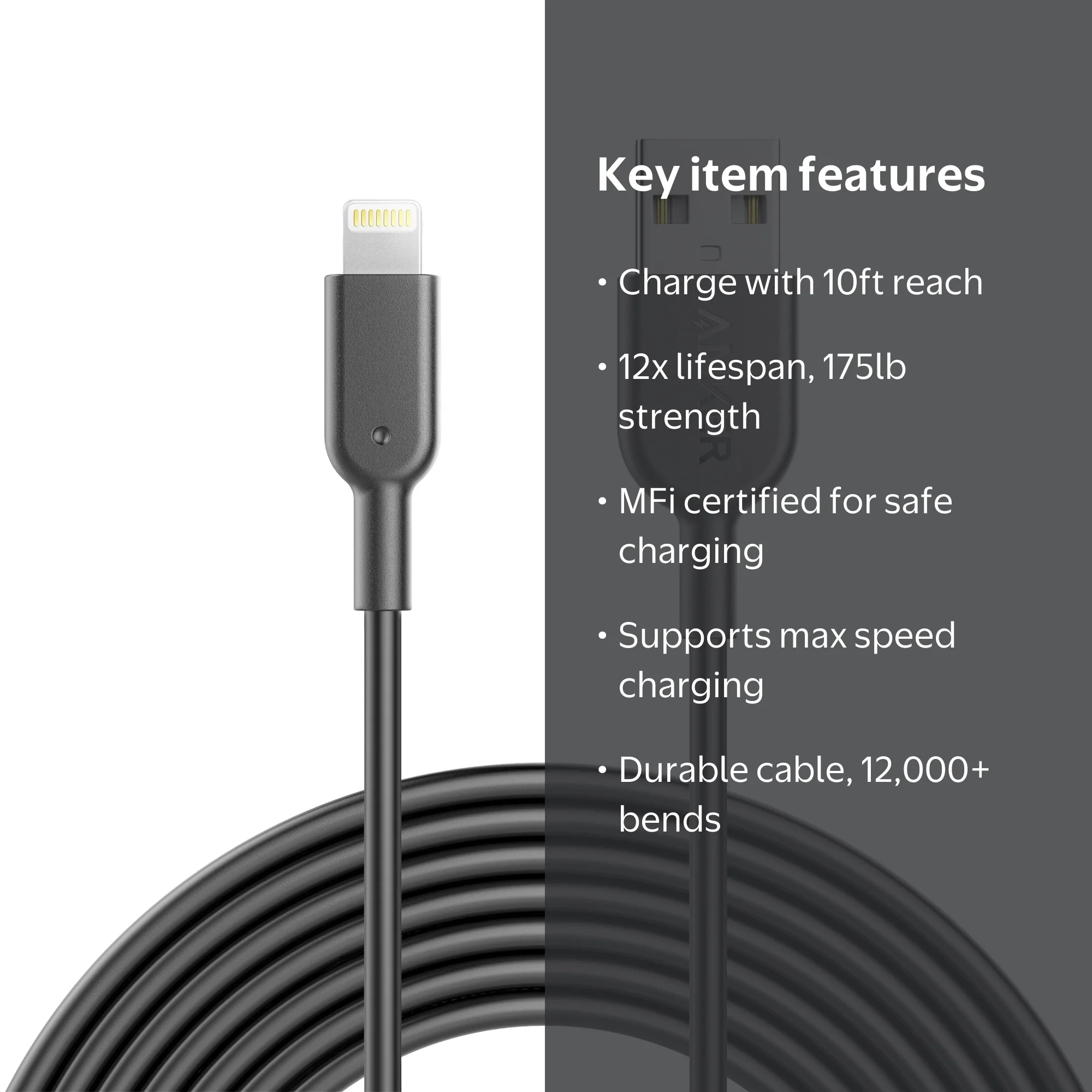 Anker Powerline II Lightning Cable for iPhone, 10ft./10', Durable