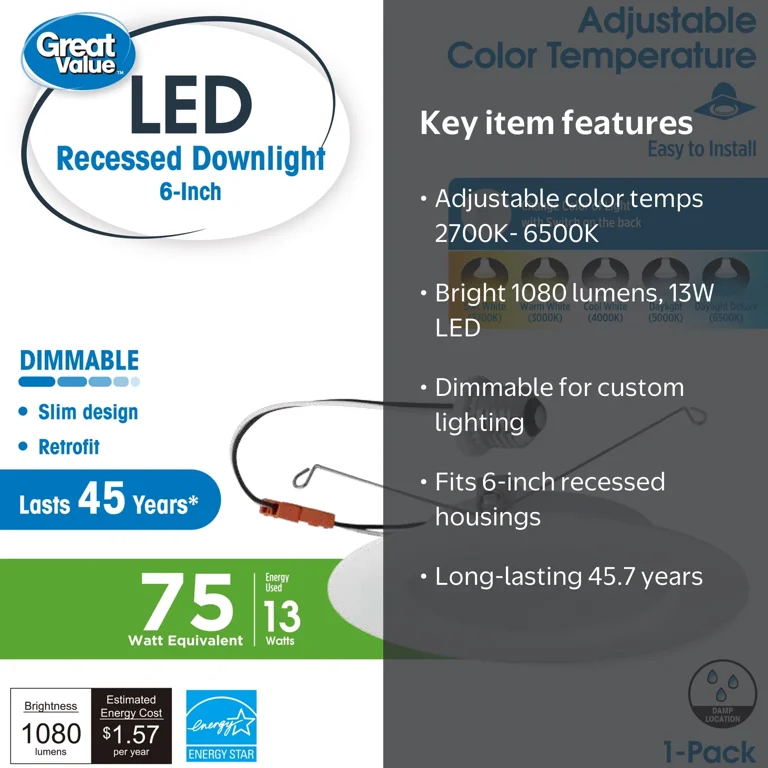Great Value 6 LED Retrofit Downlight - Dimmable, 1080 Lumen's