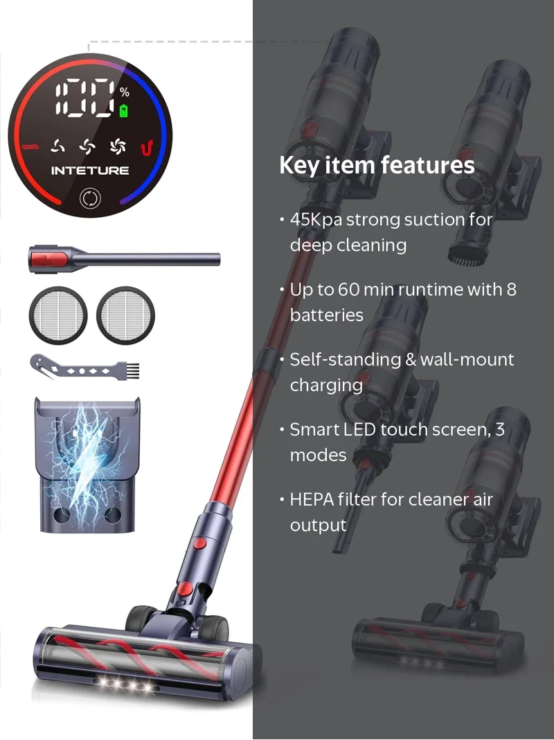 INTETURE, Cordless Vacuum Cleaner, 550W 45KPA, Self-Standing Green