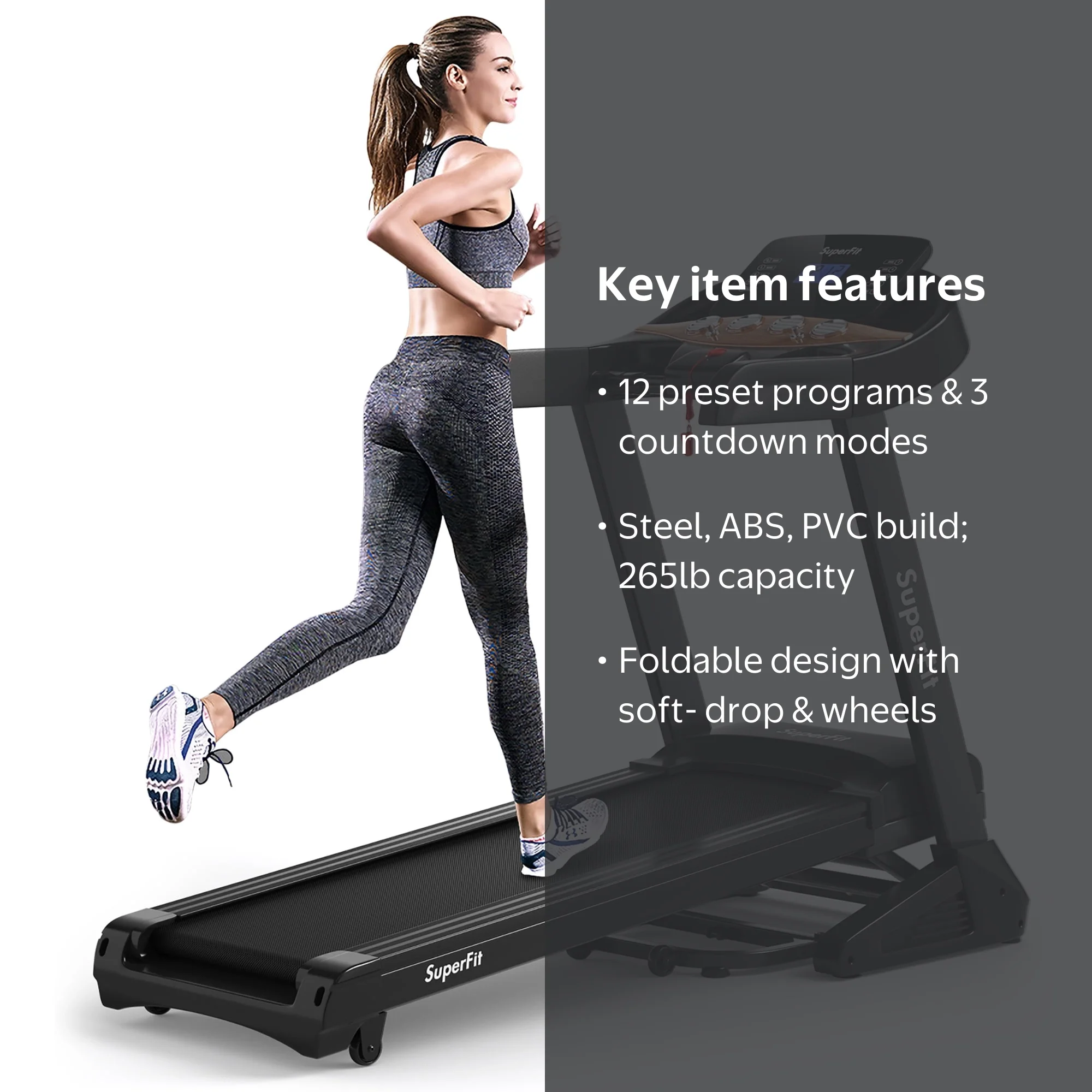 Superfit 3.75HP Electric Folding Treadmill, 15% Auto Incline, 12