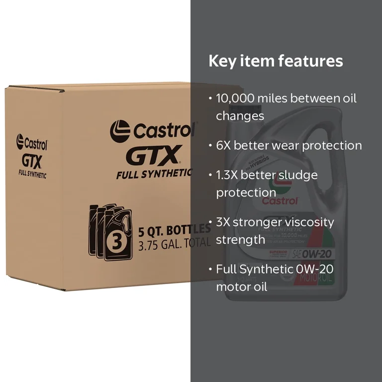 Castrol GTX Full Synthetic 0W-20 Motor Oil, 5 Quarts, Case of 3