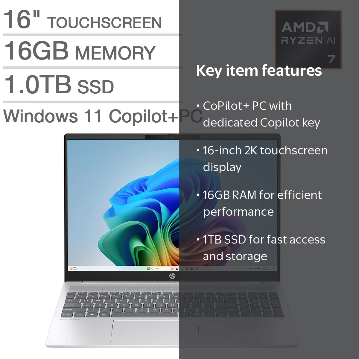 HP, Omnibook 5 16 inch AI Laptop, Silver, 16GB Memory, 1TB SSD