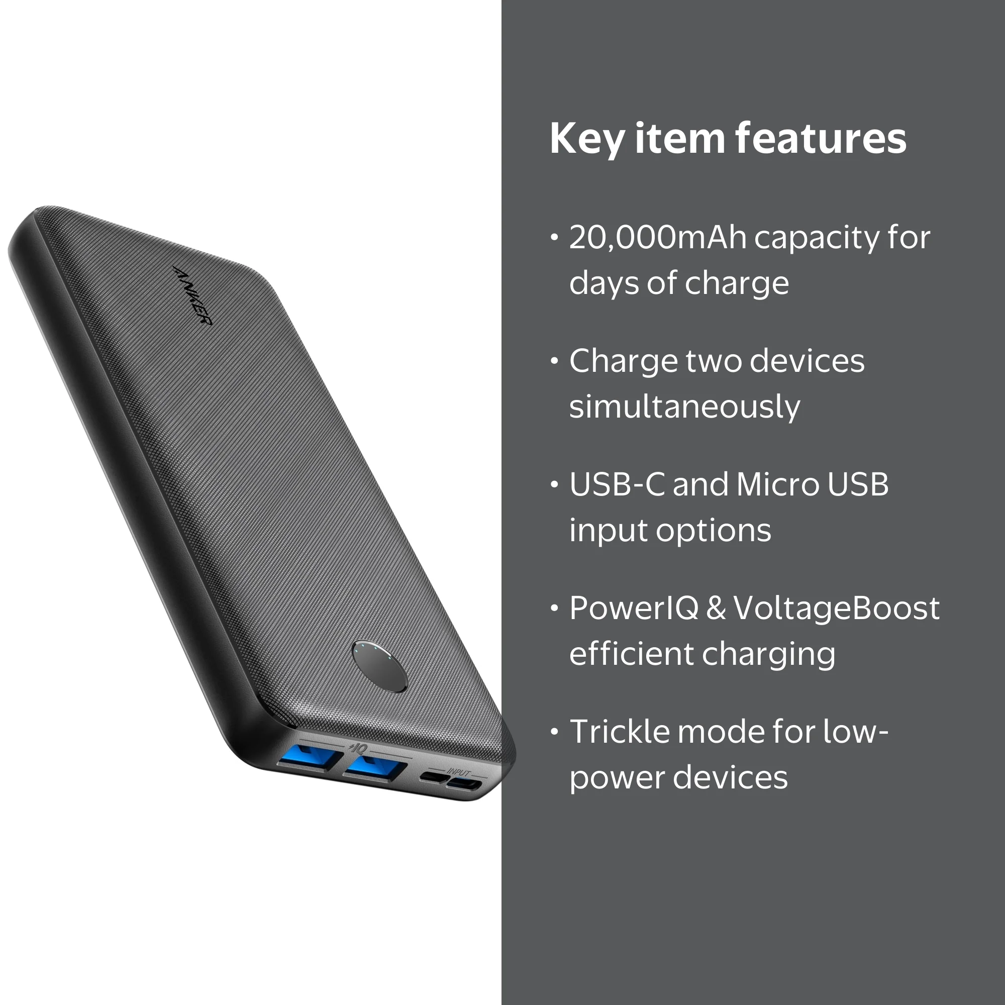 Anker 20000mAh PowerCore, Dual-Port USB & Micro USB-C Portable