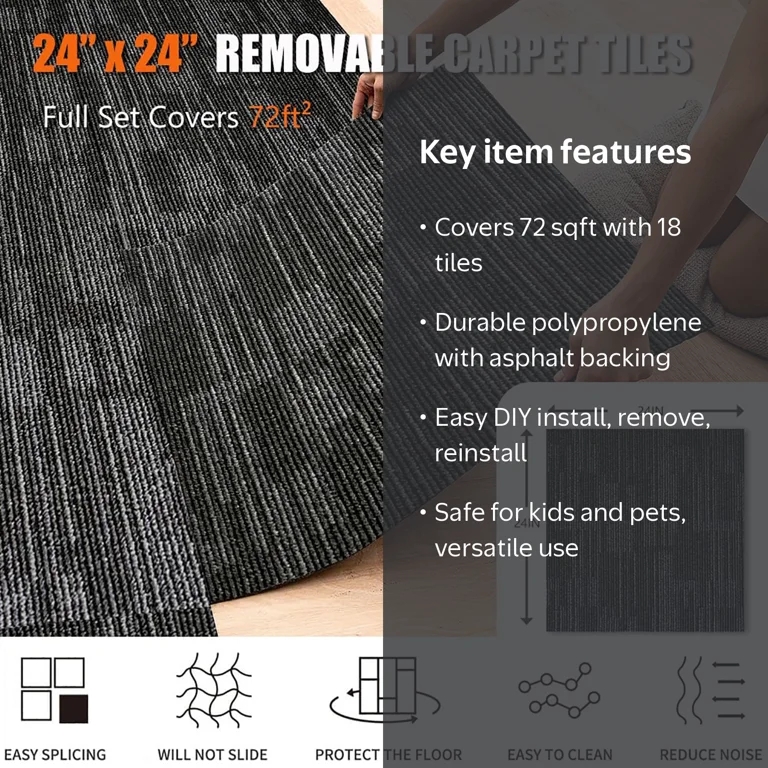 Lita, Carpet Squares, 24x24 Inch, Gray Polypropylene, Reusable