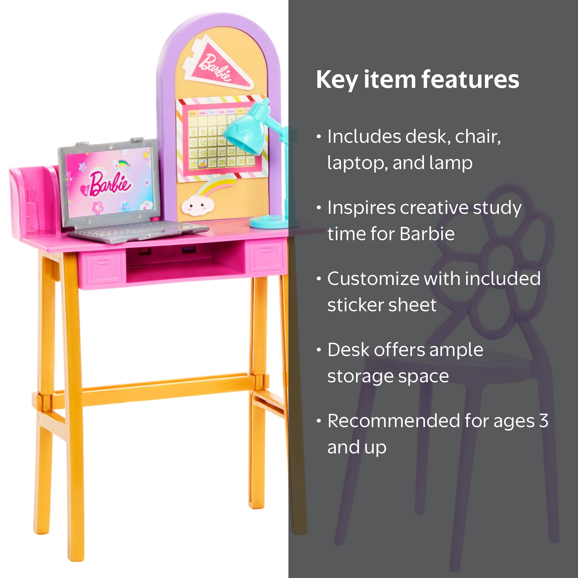Barbie World Desk Playset with 4 Pieces for Study Time, Furniture