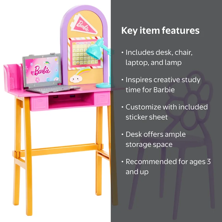 Barbie World Desk Playset with 4 Pieces for Study Time, Furniture