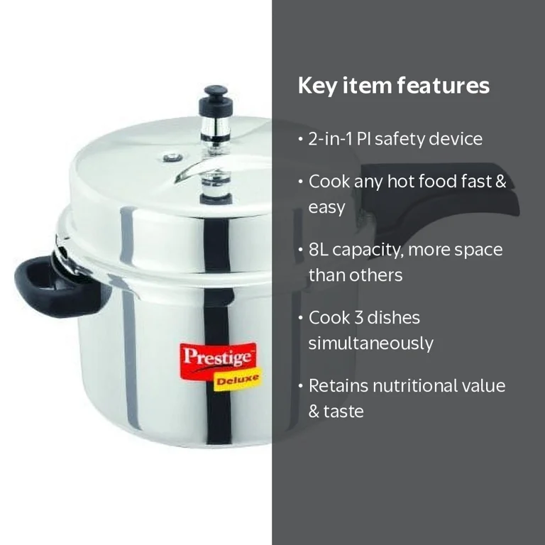 Prestige Deluxe Stainless Steel Pressure Cooker, 8 Liters