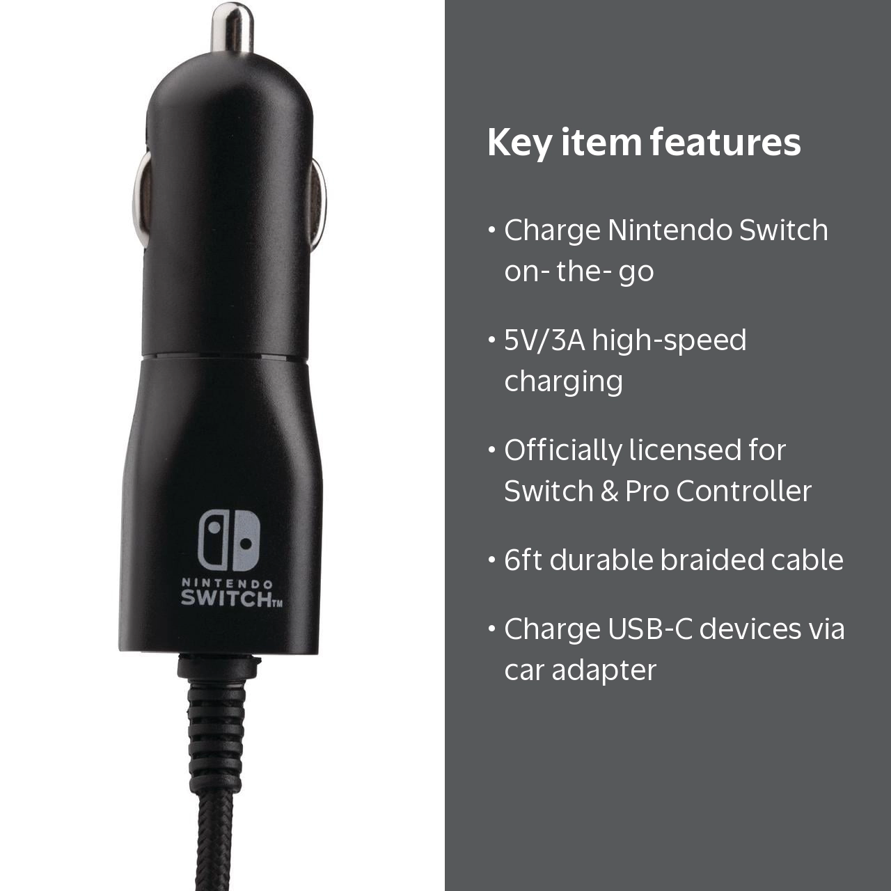 PowerA, Car Charger for Nintendo Switch, Model ID, 6ft Braided