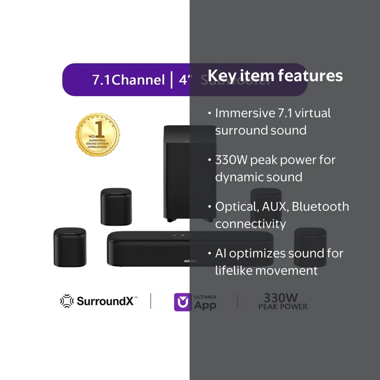 Ultimea 7.1ch Virtual Surround Soundbar, 330W Sound Bar with