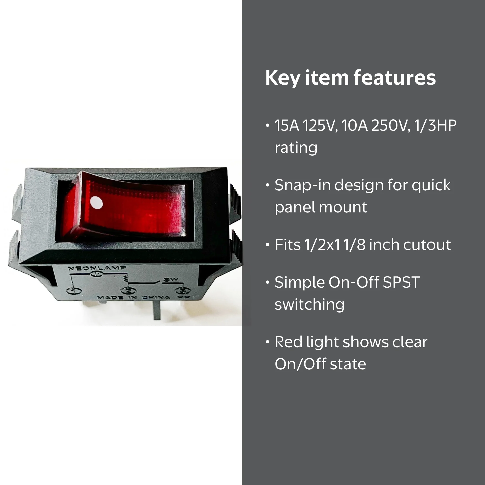 Zing Ear ZE-215 Small Electric Red Illuminated Rocker Switch, 15A
