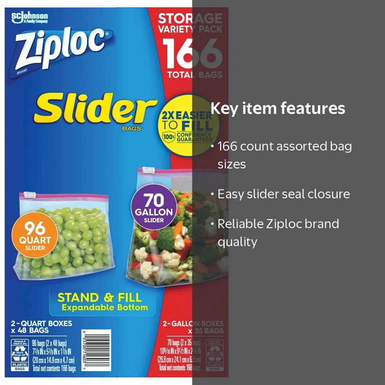 Ziploc, Slider Storage Bag, 1 gal, Variety Pack, 166-count