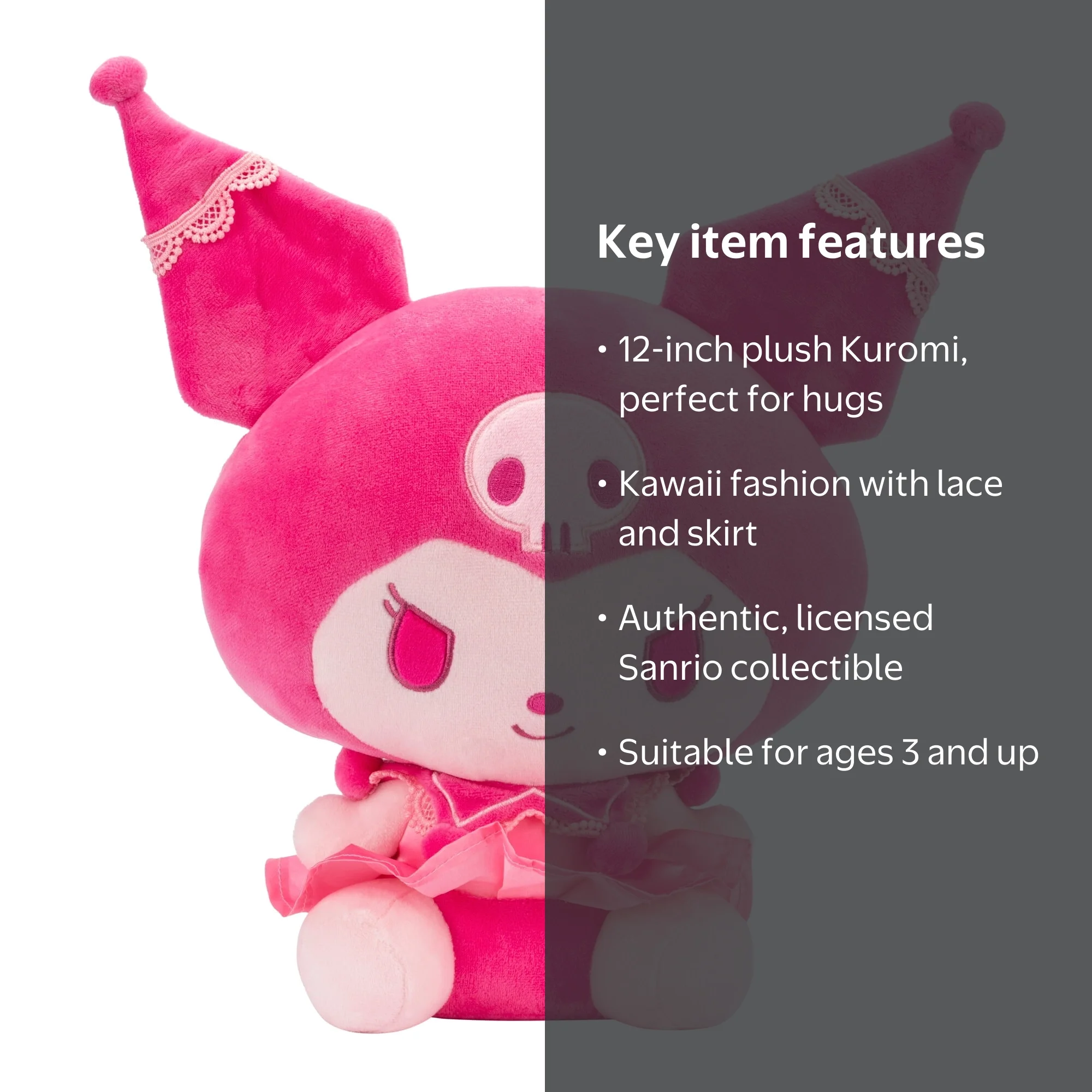 12 inch Pink Monochrome Kuromi Childs Plush Toy with Lace