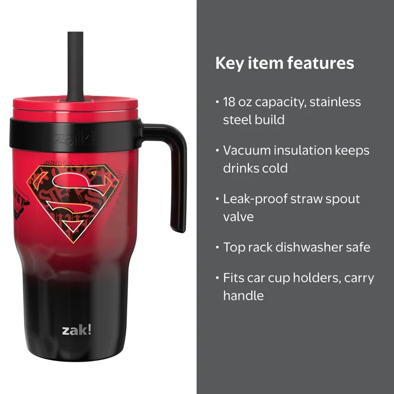 Zak Designs 18oz Superman Kids Straw Handle Tumbler, Stainless
