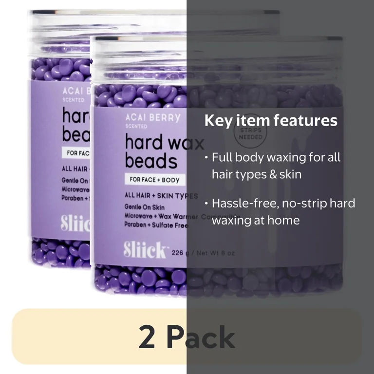 2 pack) Sliick Acai Berry Hard Wax Beads Kit For At Home Face and