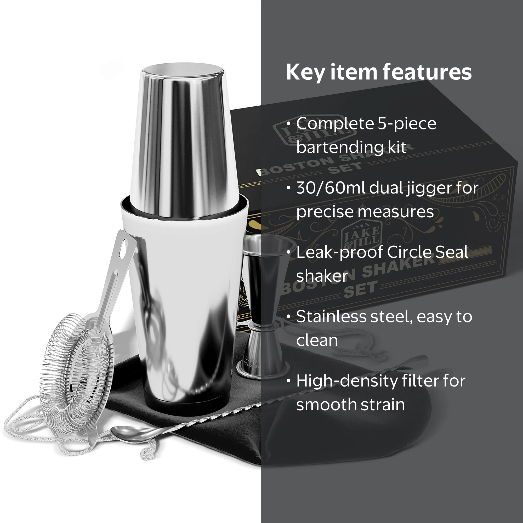 JAKE AND JILL, Cocktail Shaker Set, Stainless Steel, Silver