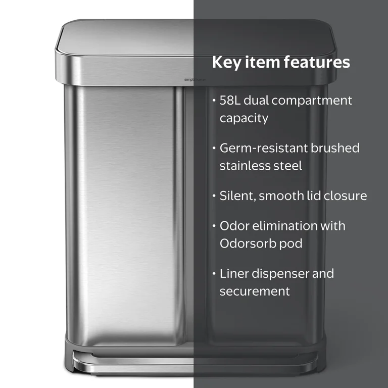 simplehuman 58L Rectangular Kitchen Step Can, Dual Recycler