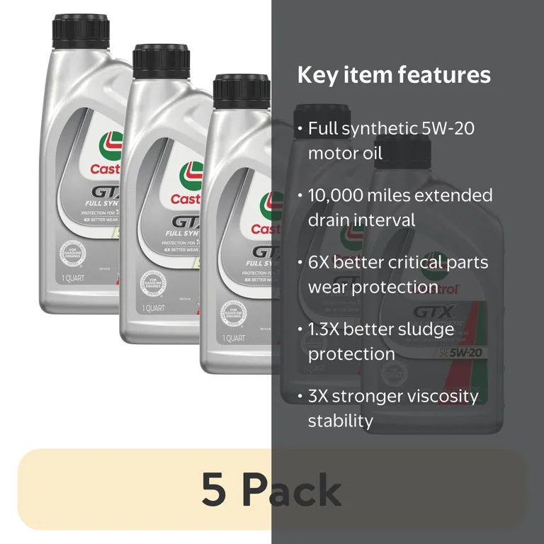 5 pack) Castrol GTX Full Synthetic 5W-20 Motor Oil, 1 Quart