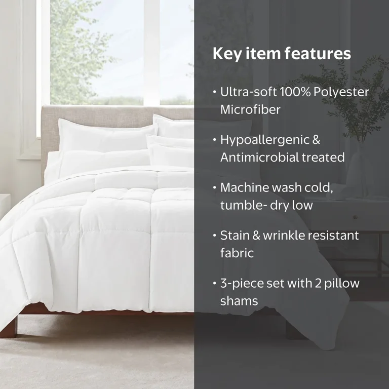 Serta Simply 3-Piece Clean Antimicrobial White Comforter Set, Full