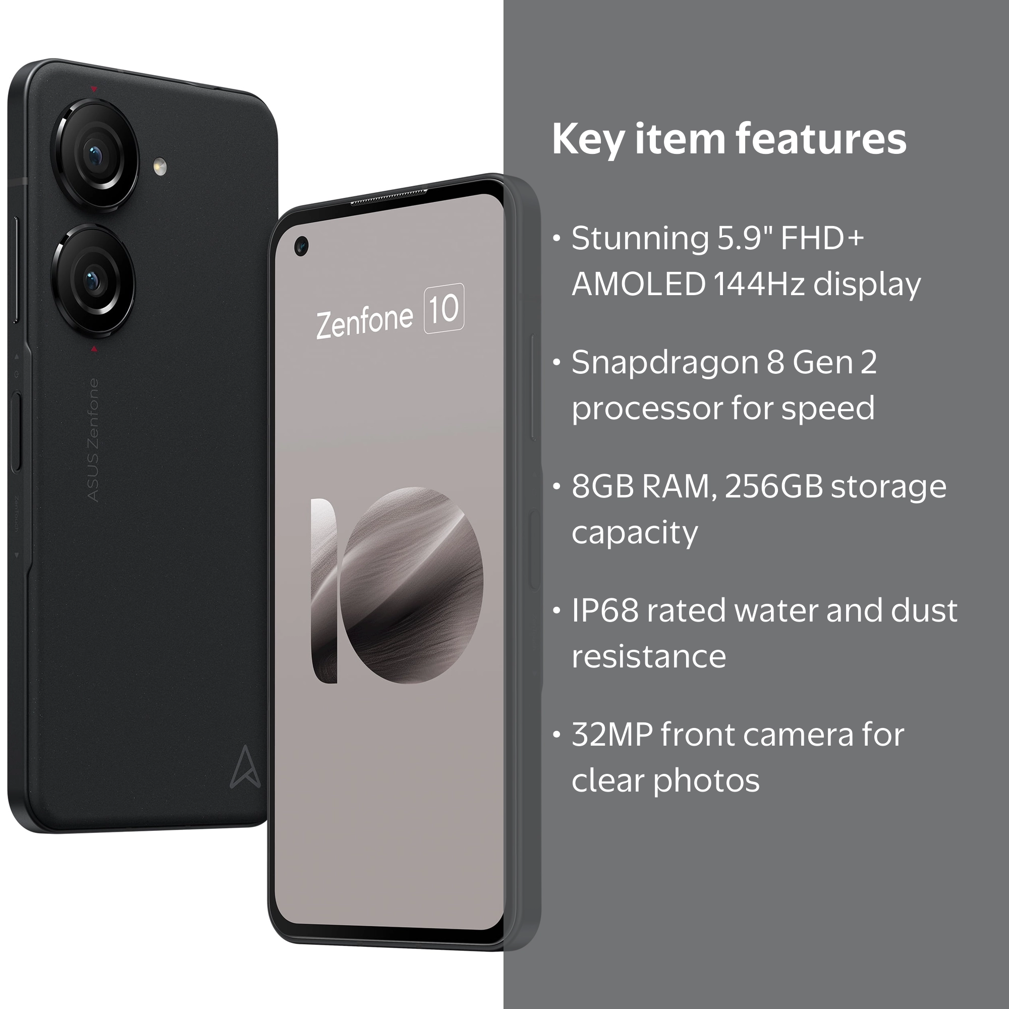 ASUS Zenfone 10 Cell Phone, 5.9” FHD+ AMOLED 14 4Hz, IP68, 32MP