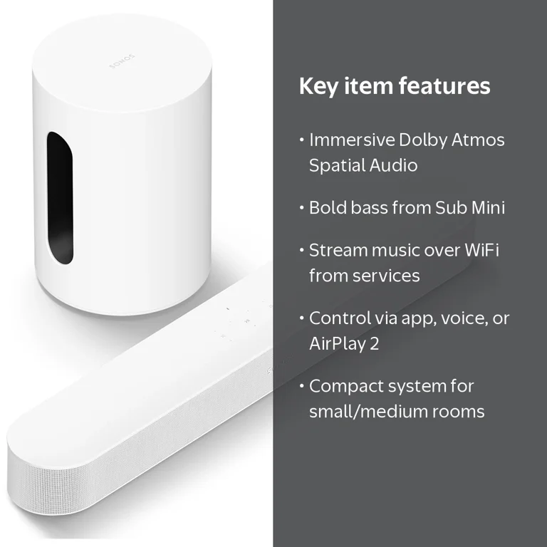 Sonos Beam Gen 2 White Soundbar & Sub Mini Wireless Subwoofer - TV