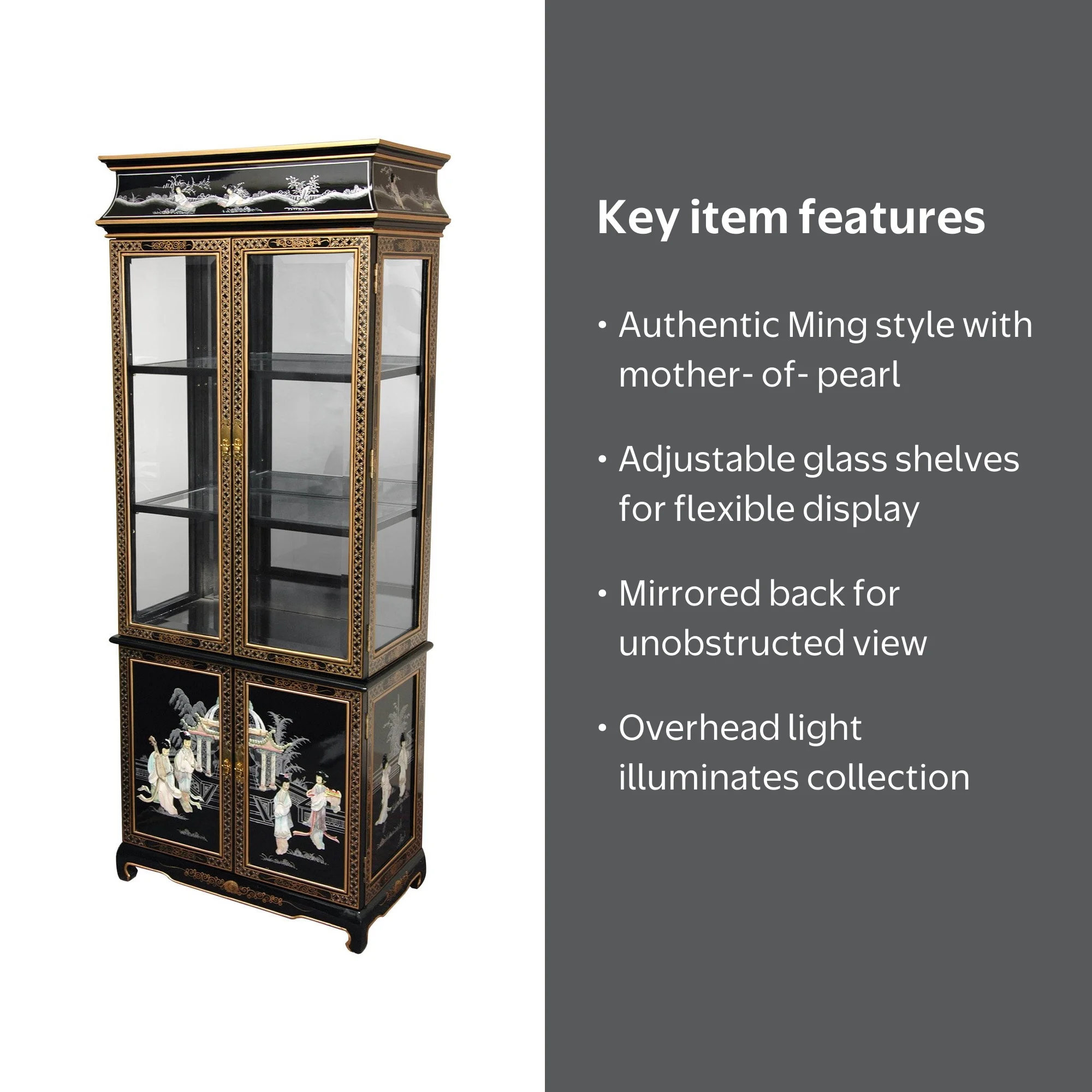 Oriental Furniture Lacquer Curio Cabinet, Black Mother of Pearl