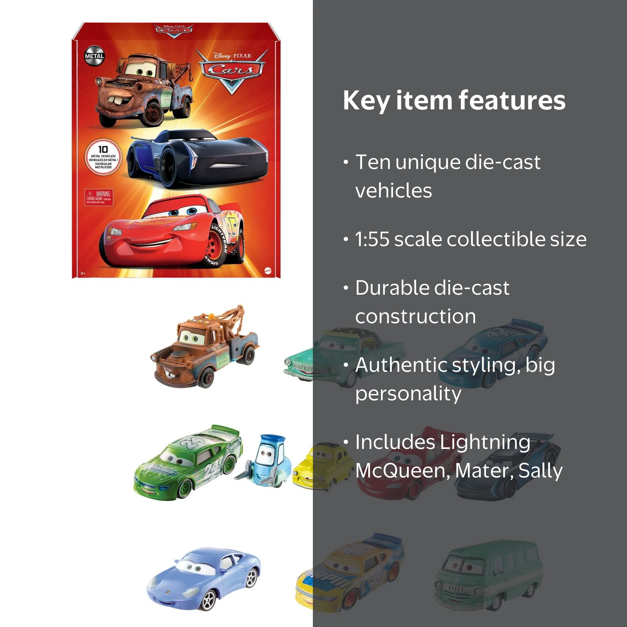 Disney Pixar Cars Die-Cast Vehicle Set, 10-Pack of 1:55 Scale Toy